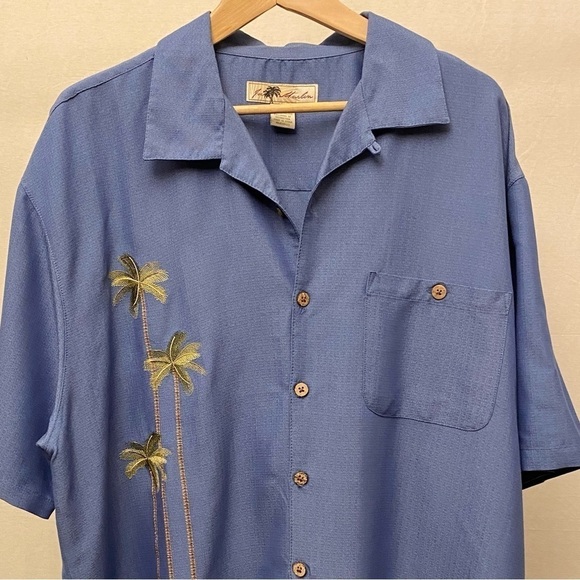 Joe Marlin XL Aloha Mens Hawaiian Shirt Blue Embroidered Palm Trees Coconut - Picture 3 of 9